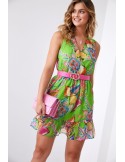 Light patterned dress with a belt, green and pink 03040 - Online store - Boutique